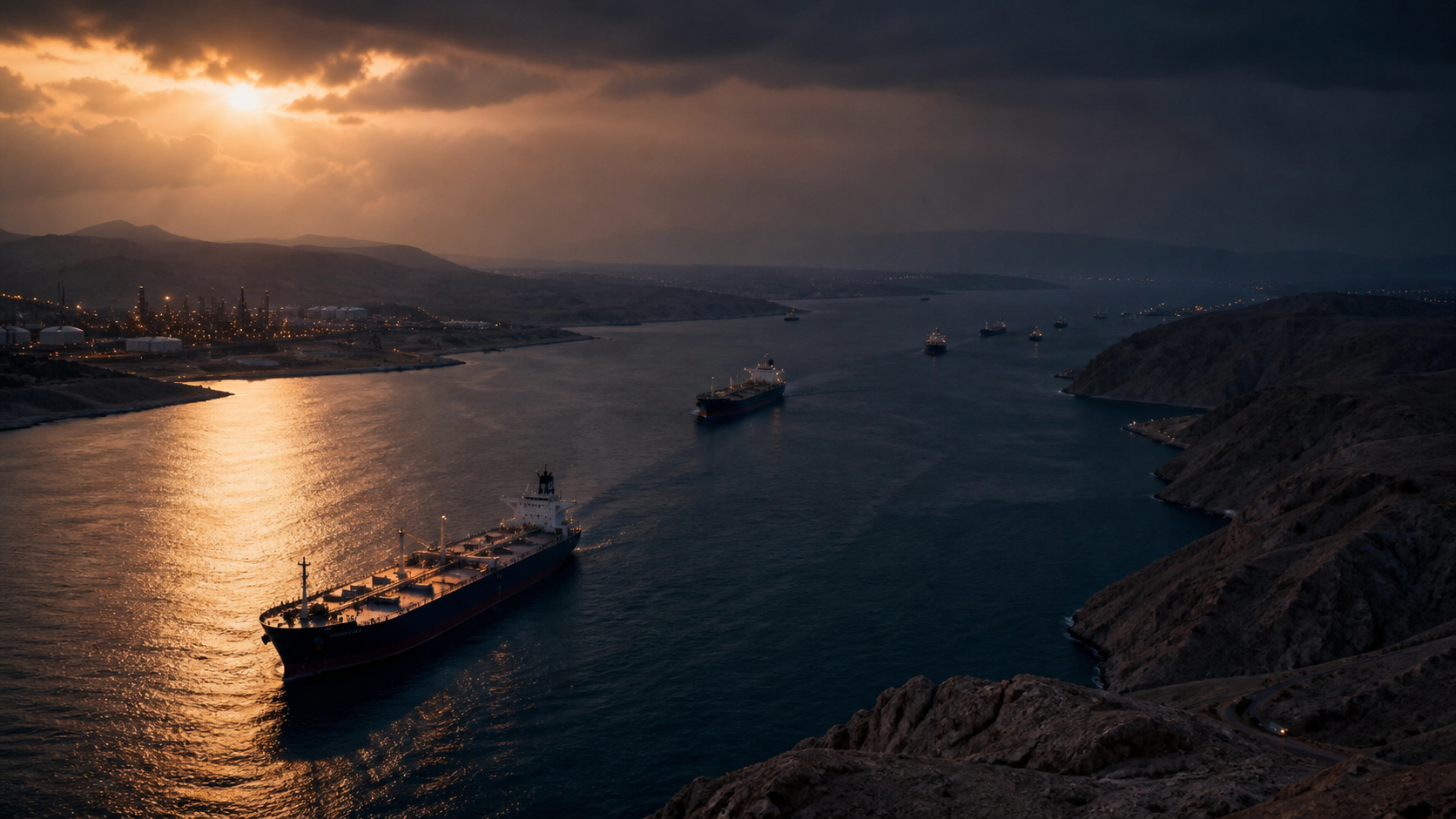 Oil tankers navigating a narrow strategic sea channel beneath gathering storm clouds